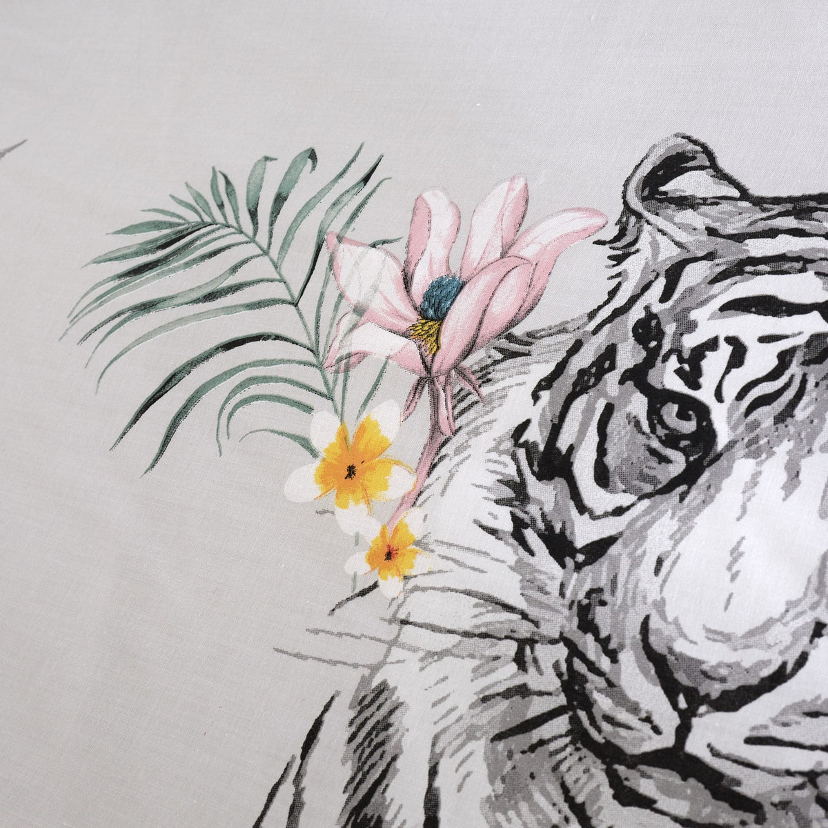 Grey tropical safari sketch print reversible king duvet cover set with teal yellow and pink botanical animals design