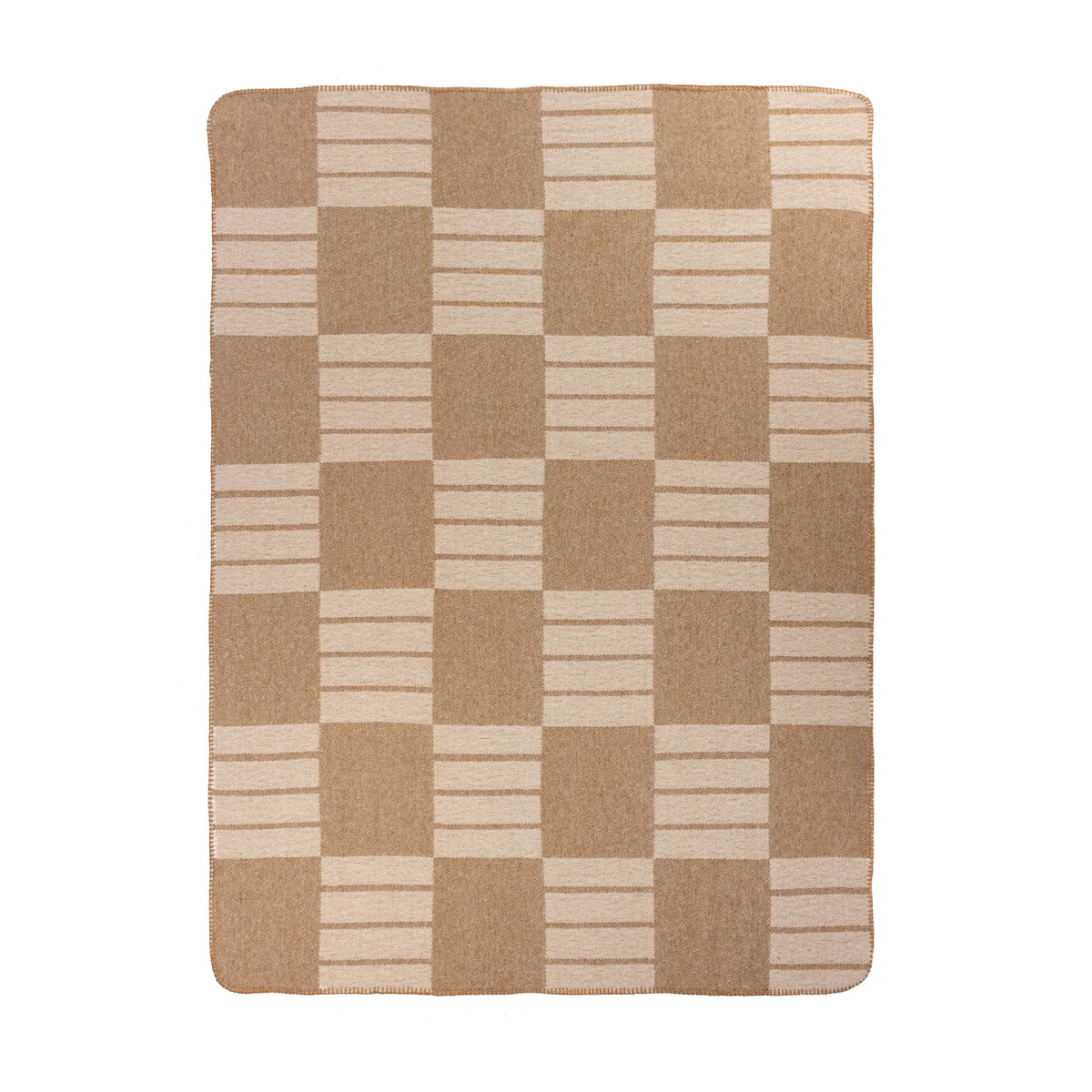 Flat view of the reverse side of the biscuit throw showing an inverted woven geometric block and stripe pattern in cream and tan – Kumperi