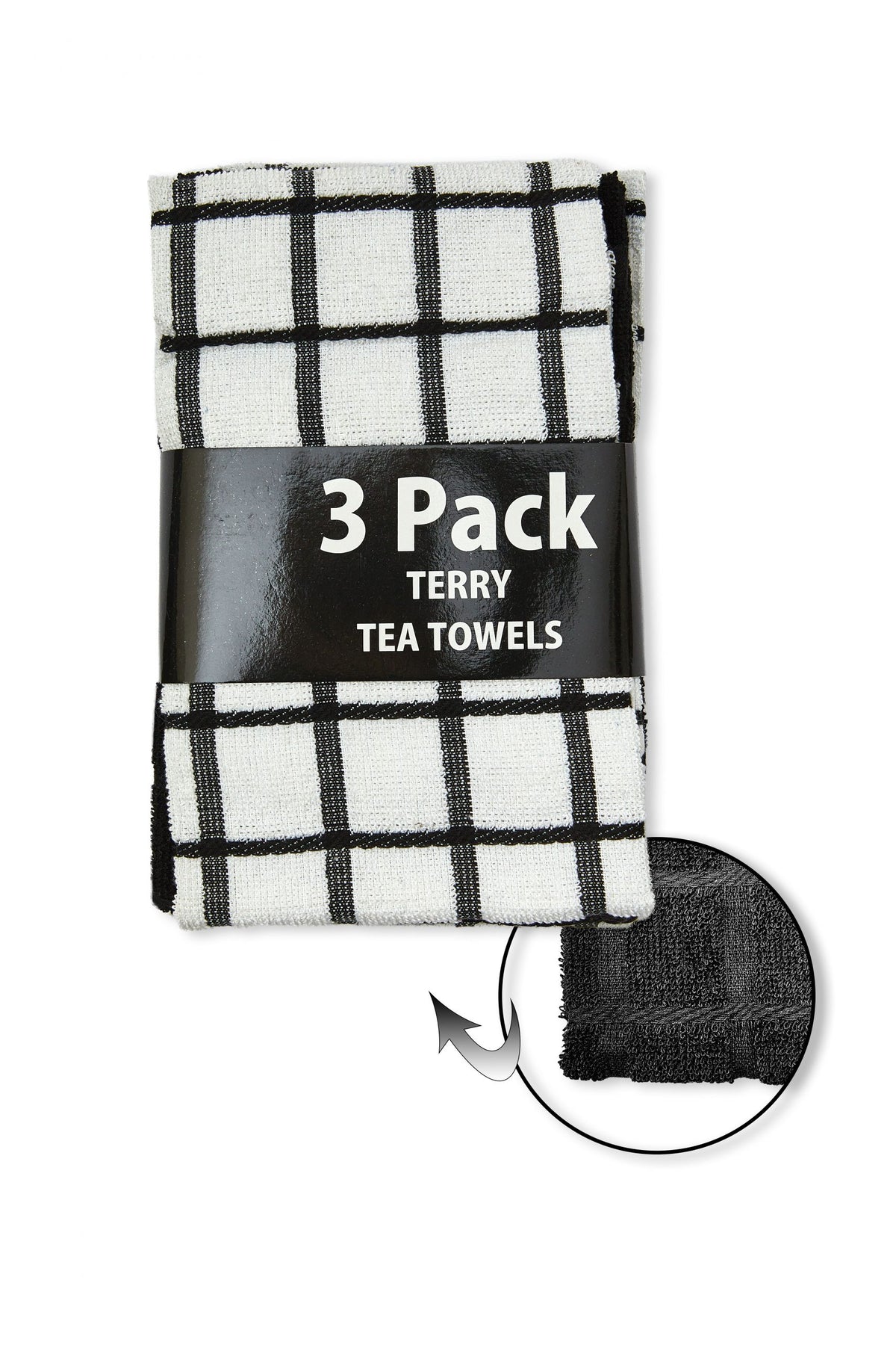 Folded 3 pack of black and white check terry kitchen tea towels with fabric swatch, Kumperi