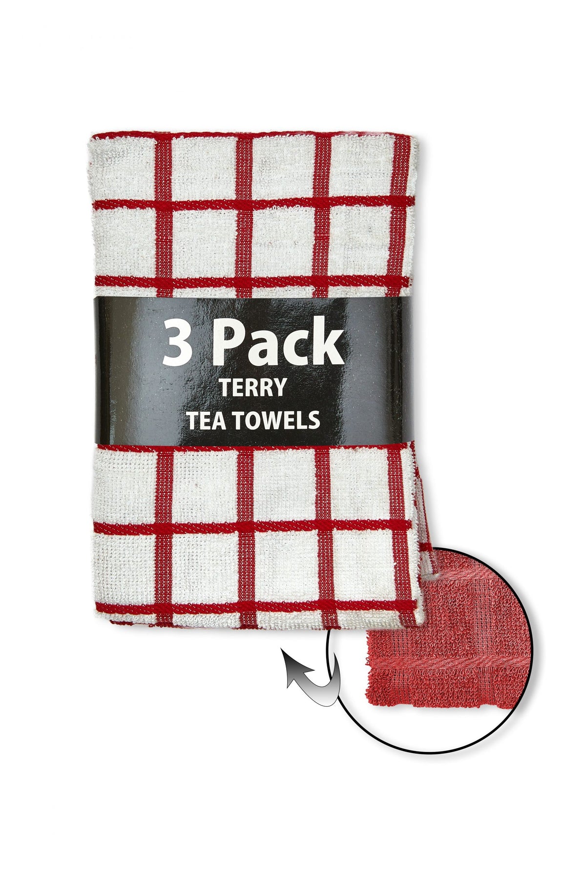Folded 3 pack of red and white check terry kitchen tea towels with fabric swatch, Kumperi