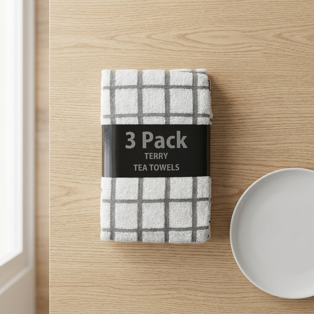 Grey and white check terry tea towel 3 pack on wooden table beside white plate, Kumperi