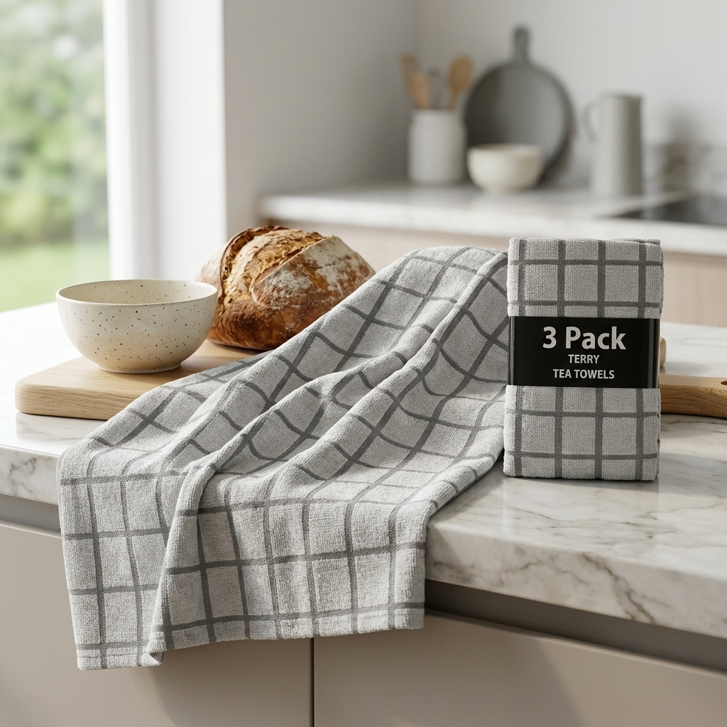 Grey and white check terry tea towel draped over marble countertop beside bread and 3 pack, Kumperi