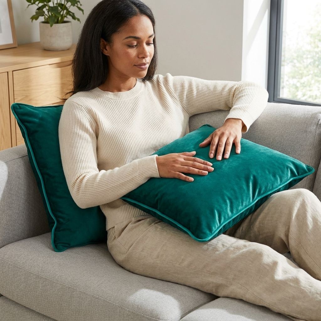 Woman on sofa holding emerald green soft touch velvet cushion cover, Kumperi