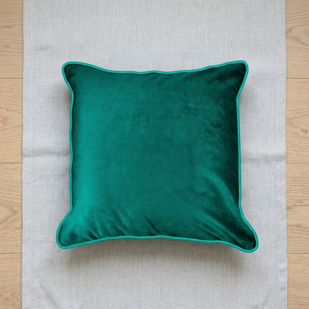 Emerald green soft touch velvet cushion cover on wooden floor with grey linen runner, Kumperi
