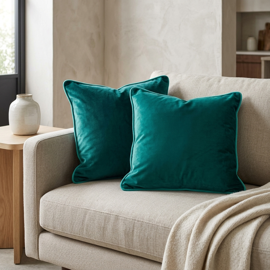Emerald green soft touch velvet cushion covers on beige sofa beside cream throw blanket, Kumperi