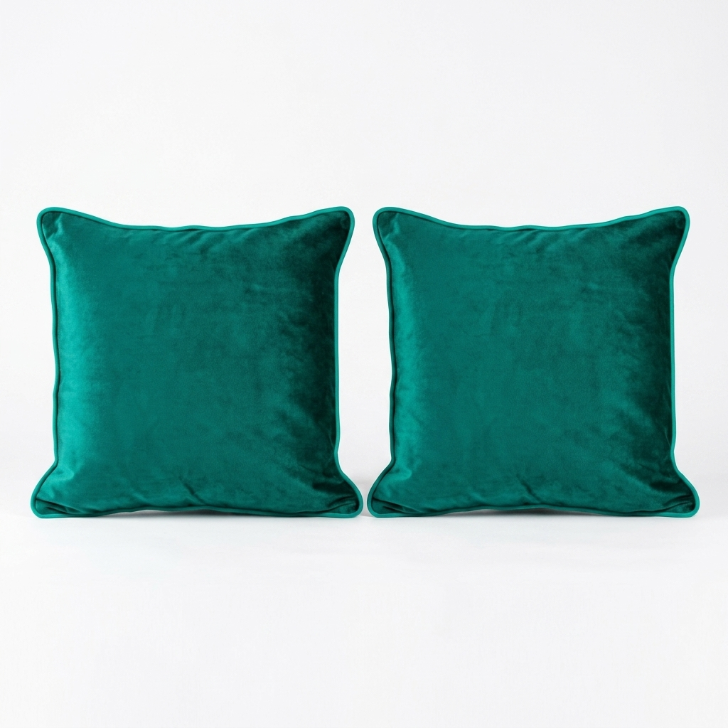 Two emerald green soft touch velvet cushion covers with piped edging, front view on white background, Kumperi