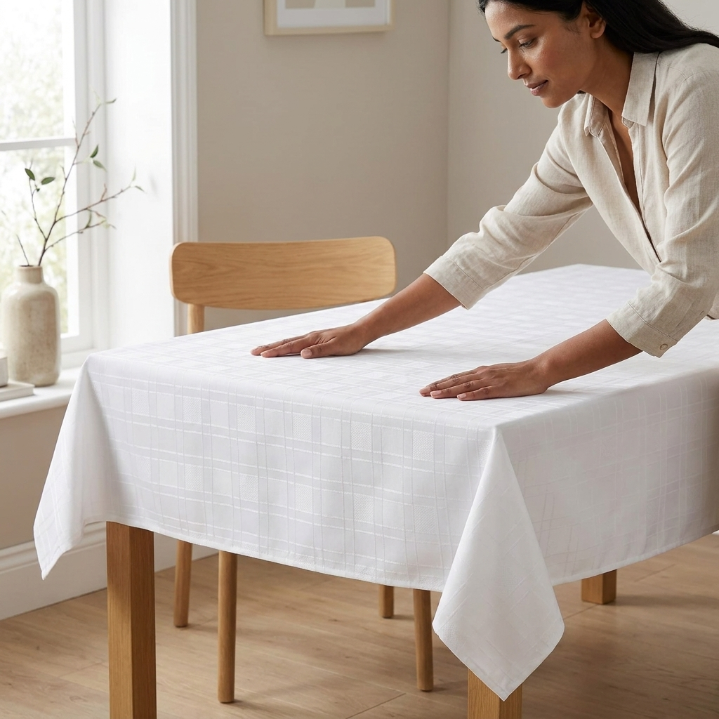 Woman smoothing white chequers tablecloth over wooden dining table in bright room, Kumperi