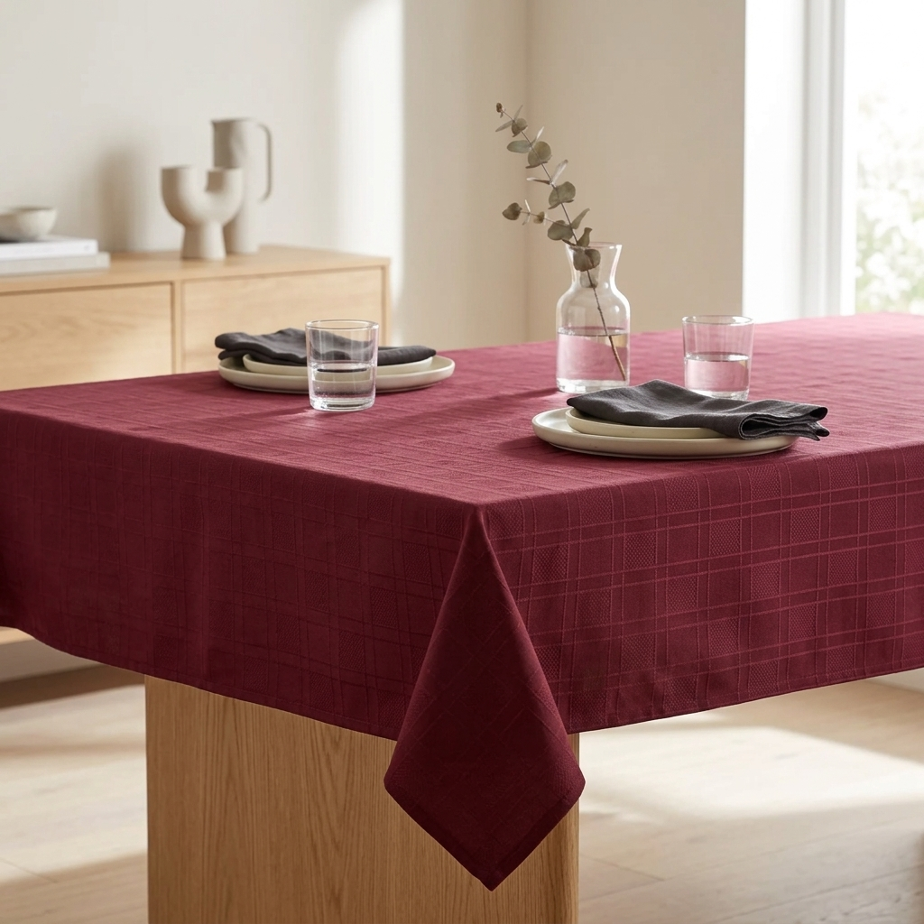 Wine chequers tablecloth on dining table with place settings, dark napkins and eucalyptus sprig, Kumperi