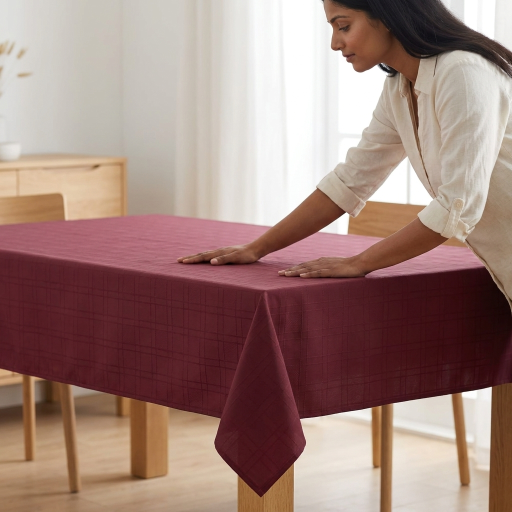 Woman smoothing wine chequers tablecloth over dining table in bright room, Kumperi