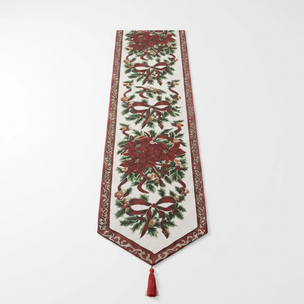 Poinsettia and holly tapestry table runner laid flat with tassel end on white studio background, Kumperi