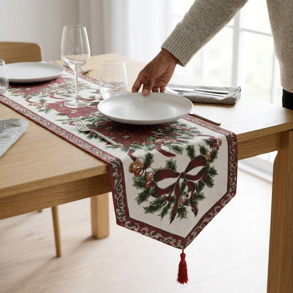 Poinsettia tapestry table runner on dining table with plate, wine glass and cutlery place setting, Kumperi