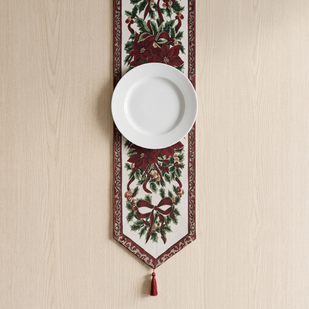 Poinsettia tapestry table runner on wooden table with white plate centred on holly and bow design, Kumperi