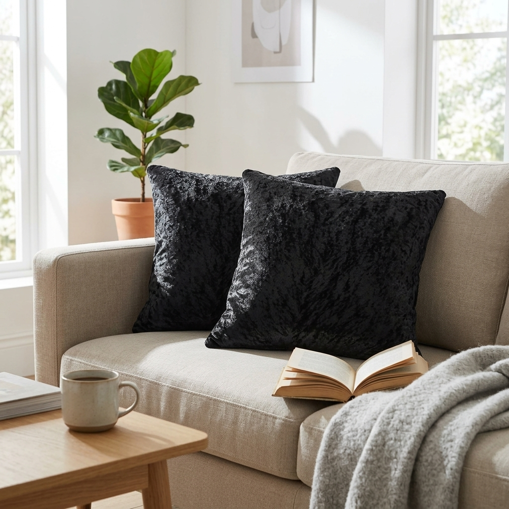 Black crushed velvet cushion covers on beige sofa beside open book and throw blanket, Kumperi