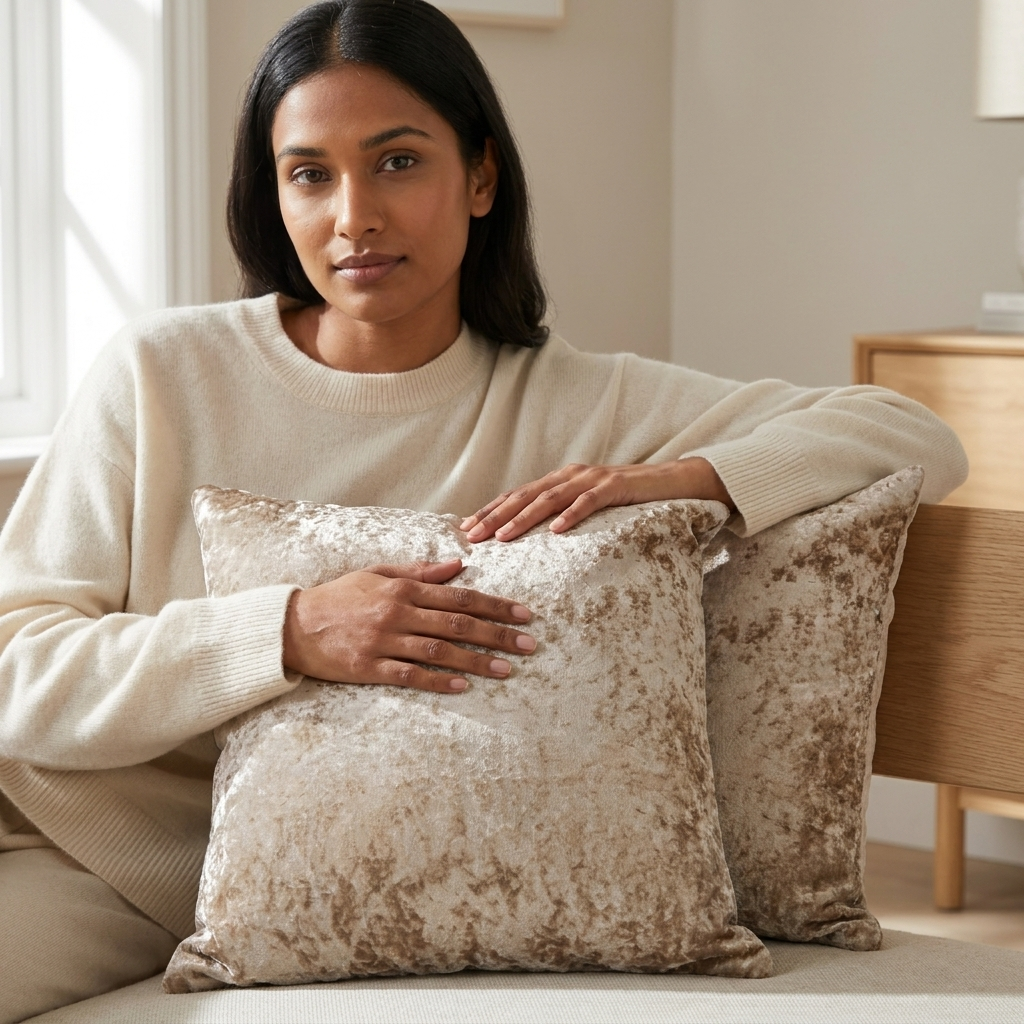 Woman on sofa holding taupe crushed velvet cushion cover, Kumperi