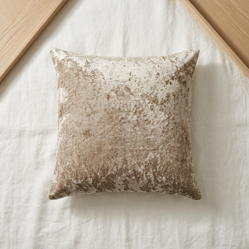 Taupe crushed velvet cushion cover flat on white linen bedding, Kumperi