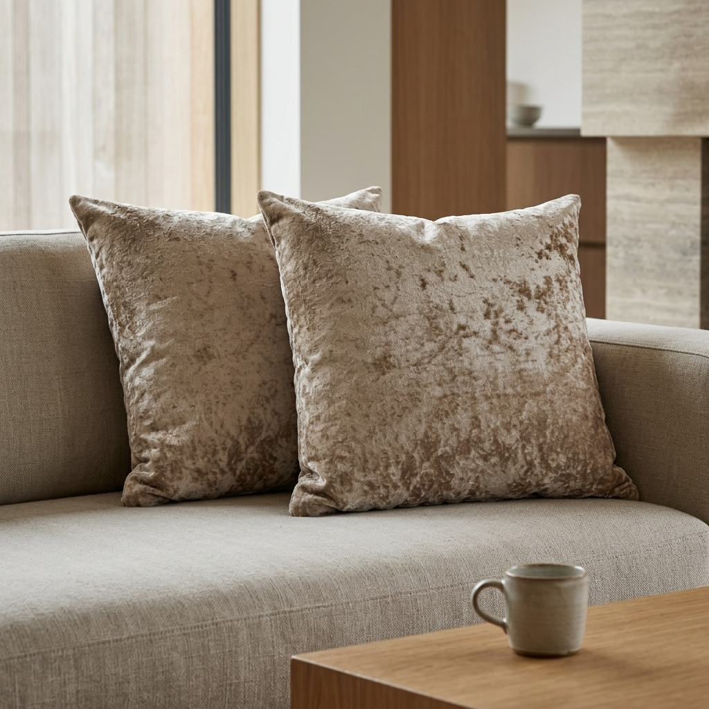 Taupe crushed velvet cushion covers on beige sofa beside coffee mug on side table, Kumperi