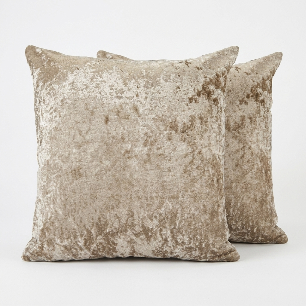 Two taupe crushed velvet cushion covers standing upright on white background, Kumperi