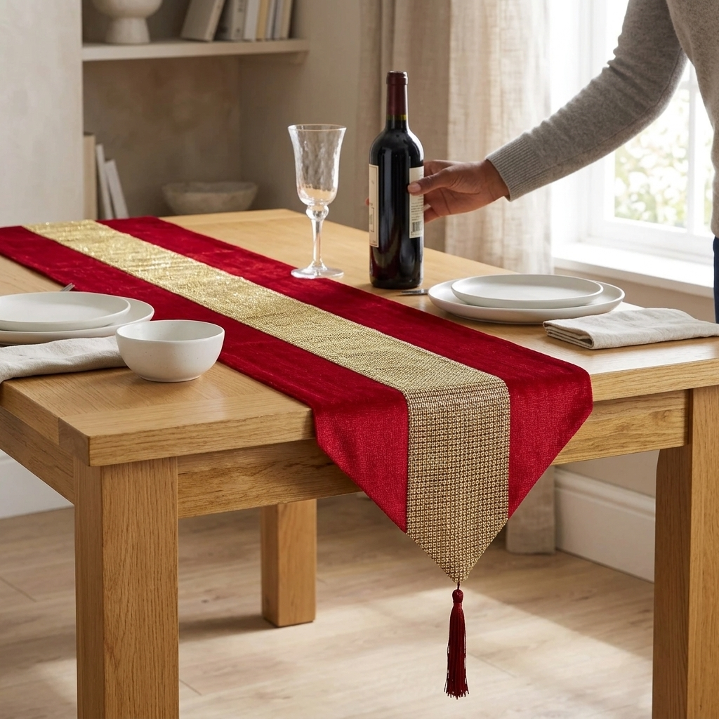 Red and gold diamante table runner on dining table with wine glass, bottle and place settings, Kumperi
