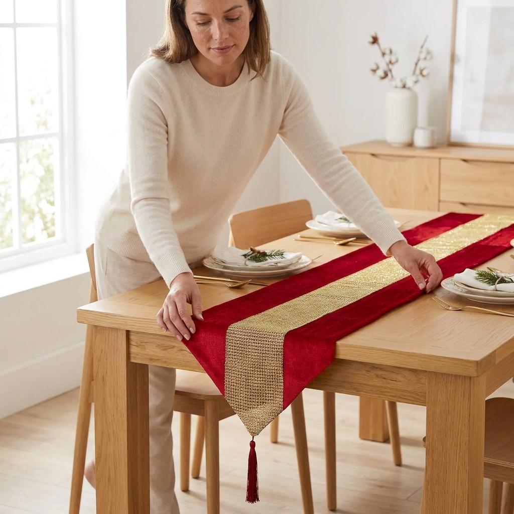 Woman styling red and gold diamante table runner on dining table set for a meal, Kumperi