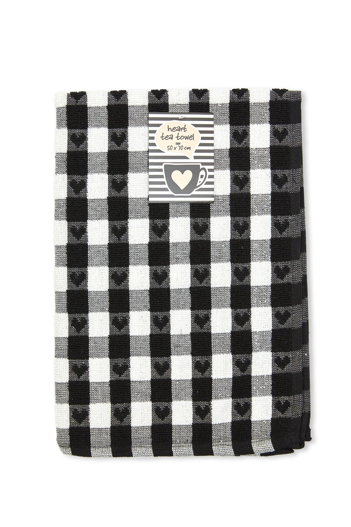 Folded black and white gingham terry tea towel with woven heart pattern and Heart Tea Towel tag, Kumperi