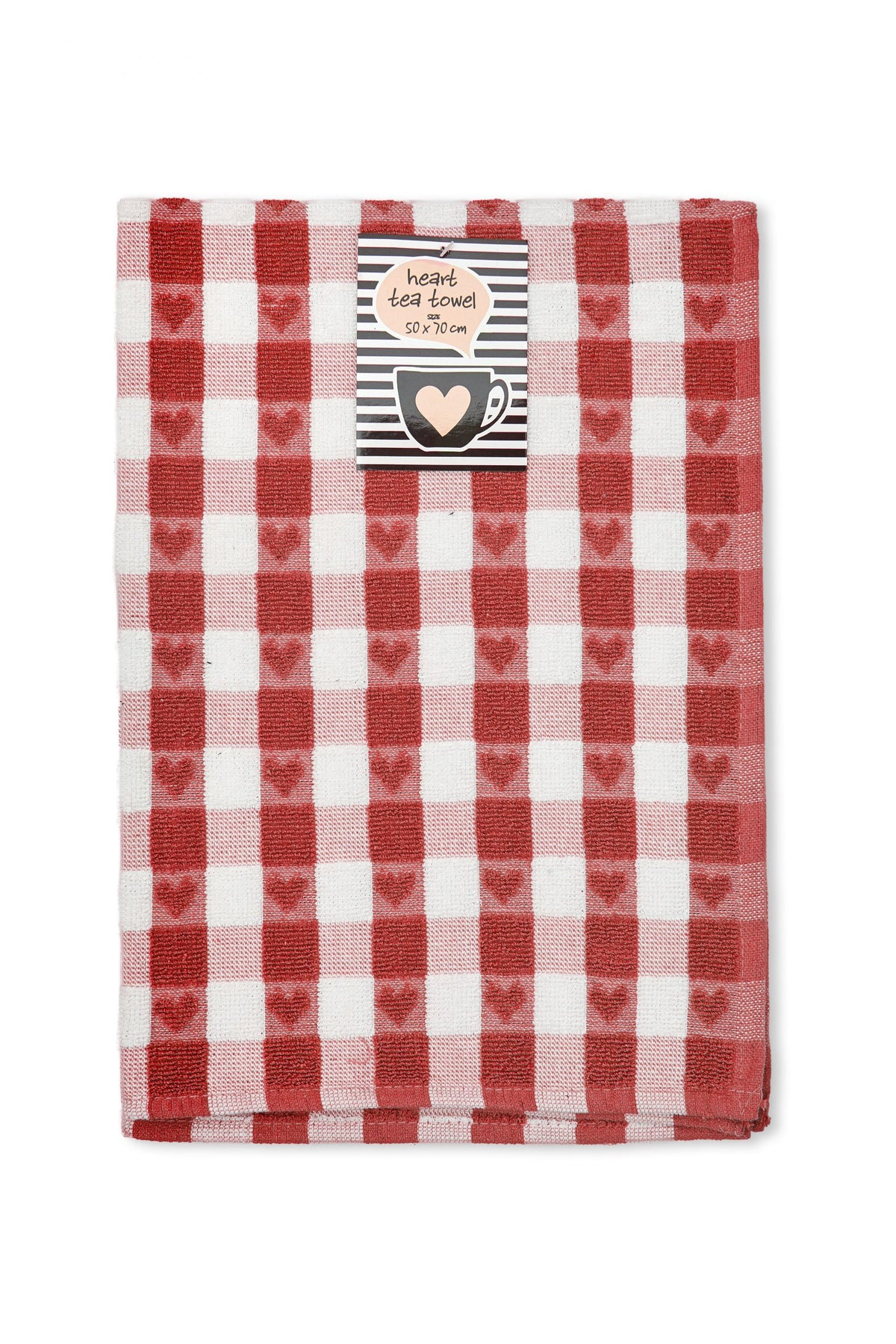 Folded red and white gingham terry tea towel with woven heart pattern and Heart Tea Towel tag, Kumperi