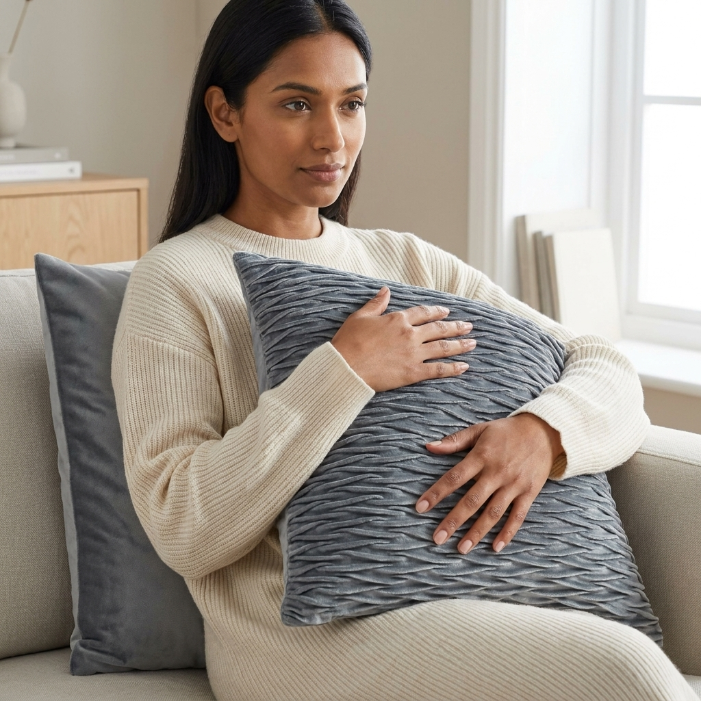 Woman on sofa holding grey quilted velvet cushion cover with wave ripple stitch, Kumperi