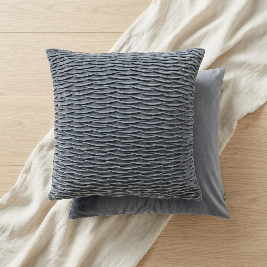 Grey quilted velvet cushion cover on wooden floor with draped linen fabric, Kumperi