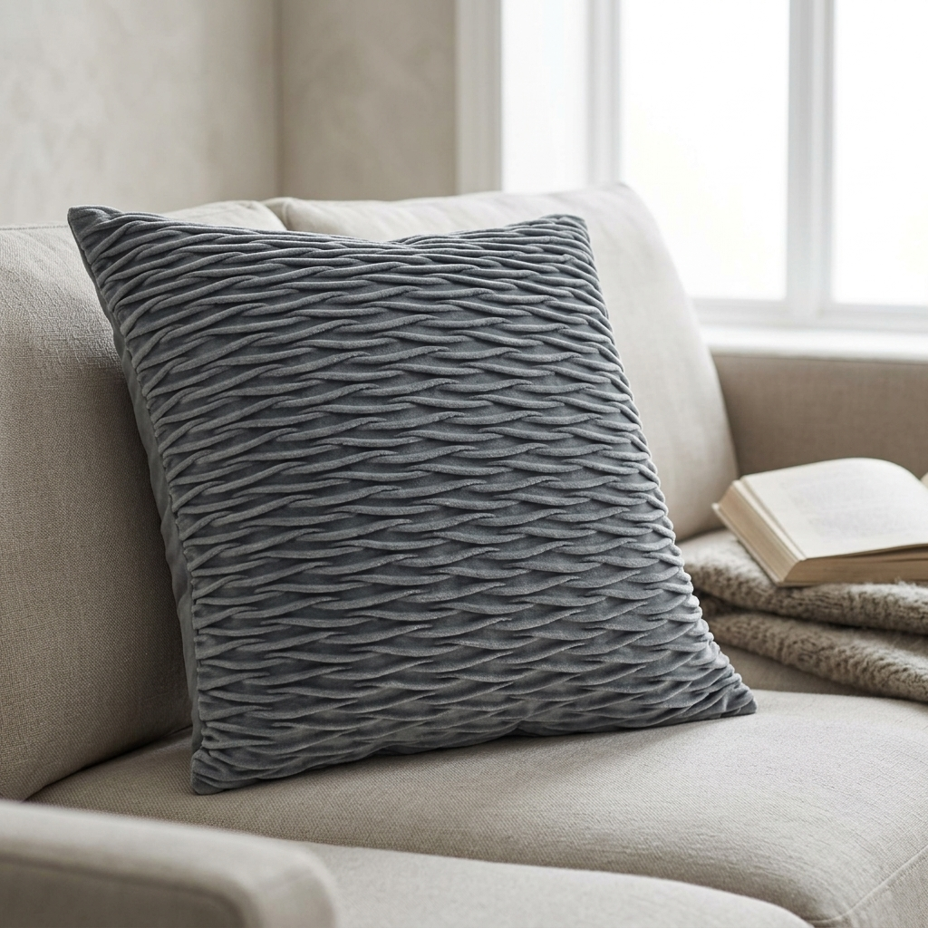 Close-up of grey quilted velvet cushion cover on sofa beside open book, Kumperi