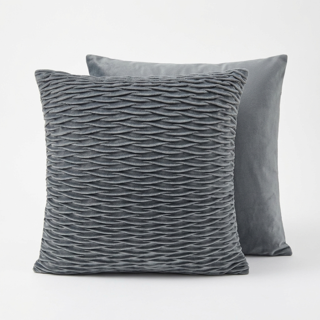 Grey quilted velvet cushion cover with wave ripple stitch on white background, front and back view, Kumperi
