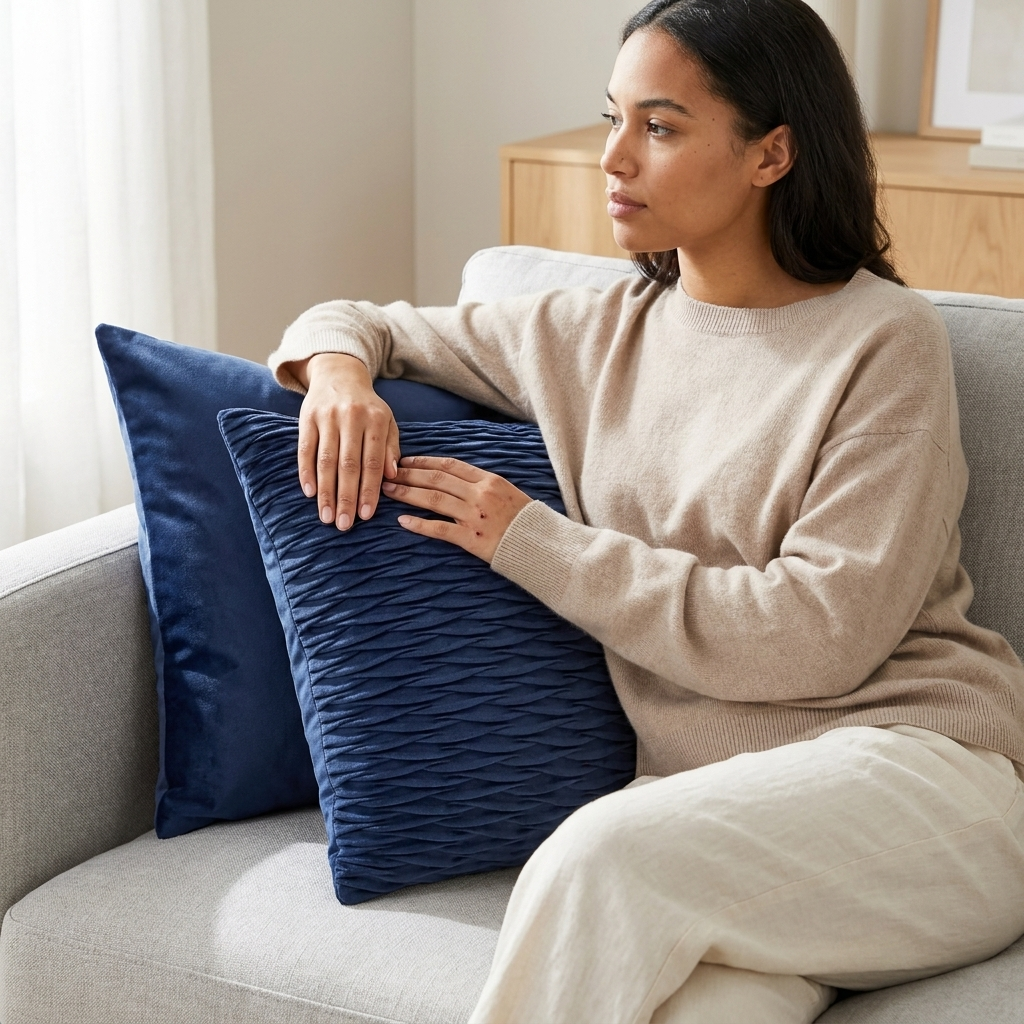 Woman on sofa holding navy quilted velvet cushion cover with wave ripple stitch, Kumperi