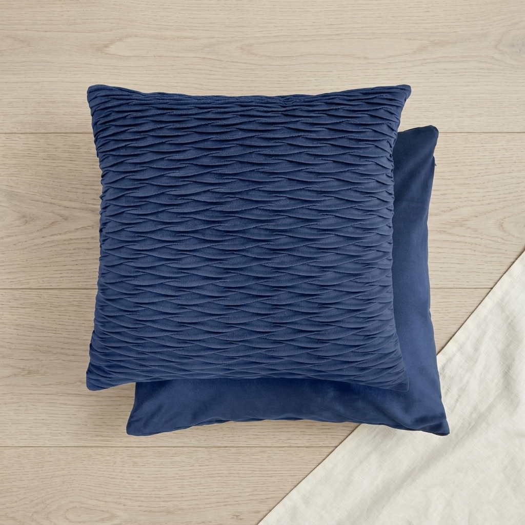 Navy quilted velvet cushion cover on wooden floor with draped linen fabric, Kumperi