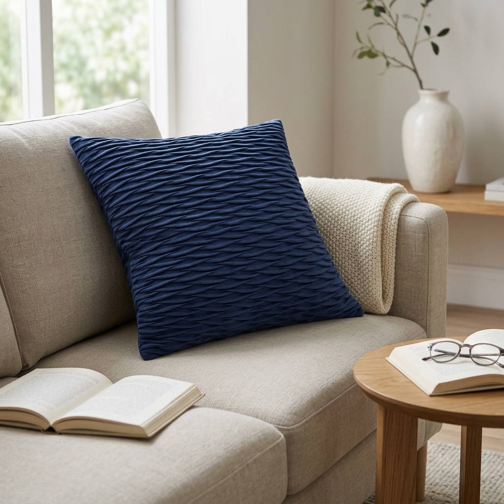 Close-up of navy quilted velvet cushion cover on sofa beside open book, Kumperi