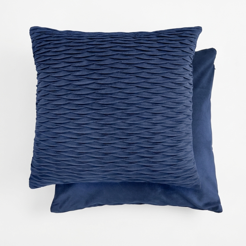 Navy quilted velvet cushion cover with wave ripple stitch on white background, front and back view, Kumperi