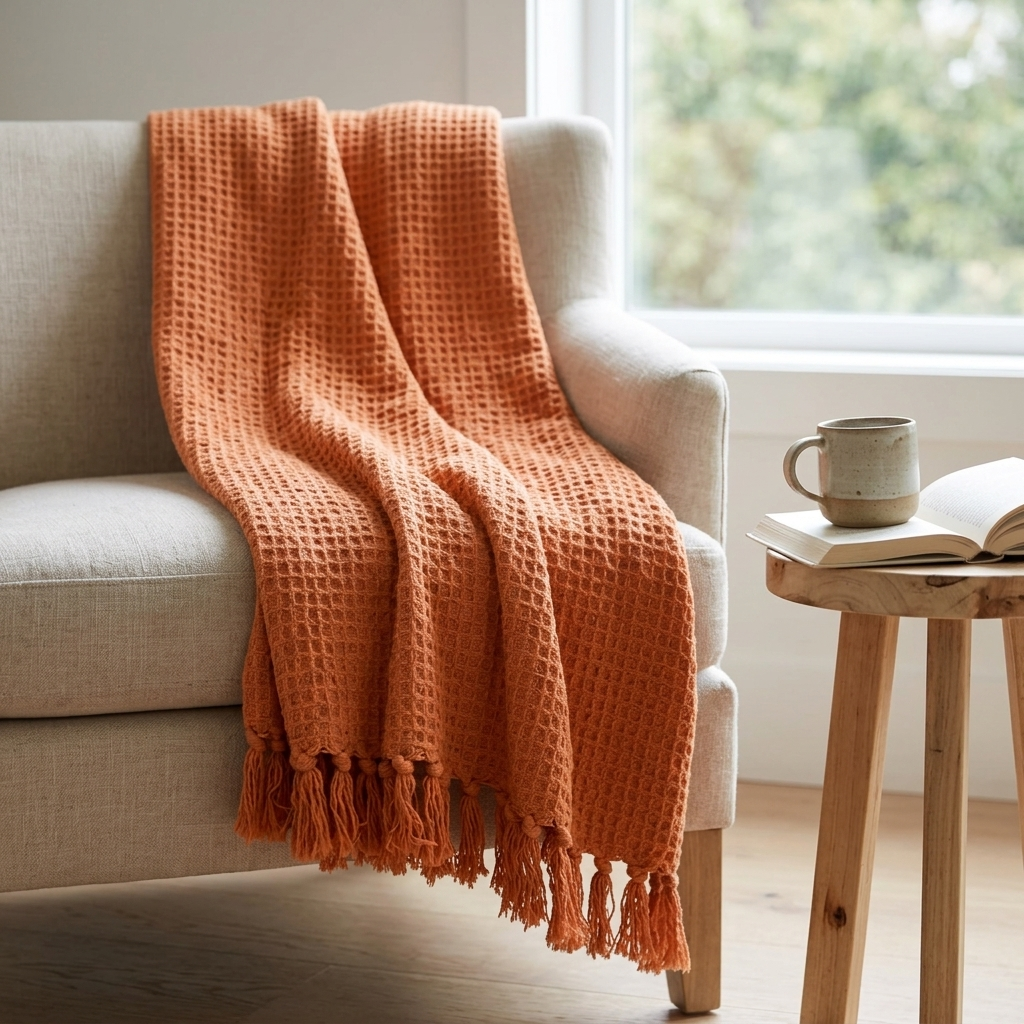Burnt orange honeycomb throw draped over armchair beside wooden side table with coffee and book, Kumperi
