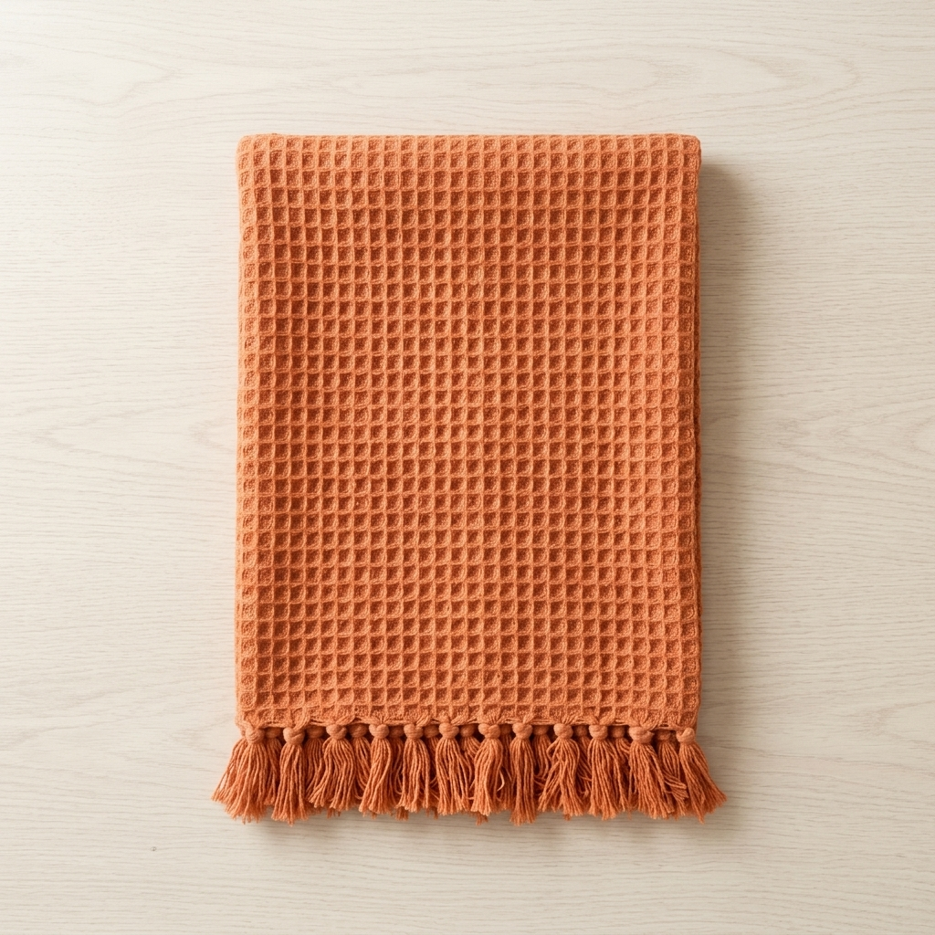 Burnt orange honeycomb throw folded flat on light wood surface, Kumperi