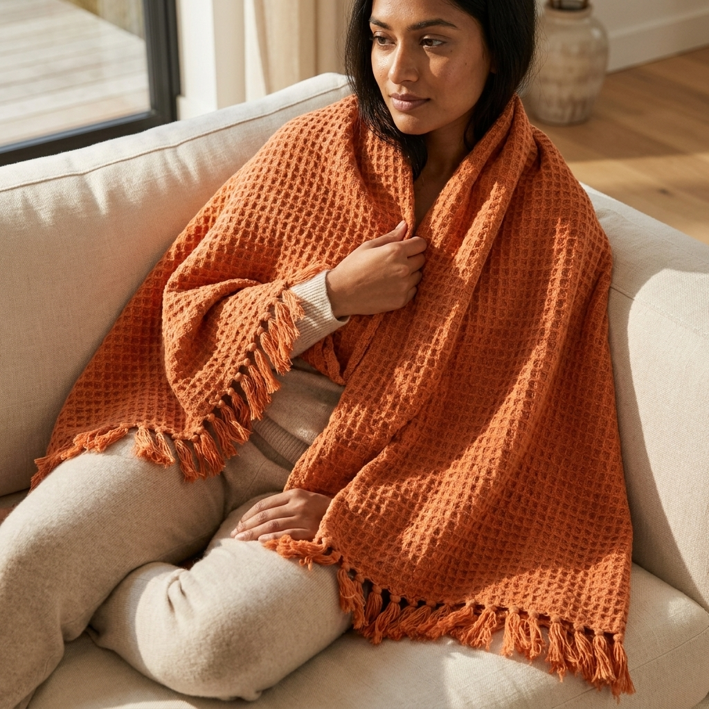 Woman wrapped in burnt orange honeycomb throw sitting on sofa, Kumperi