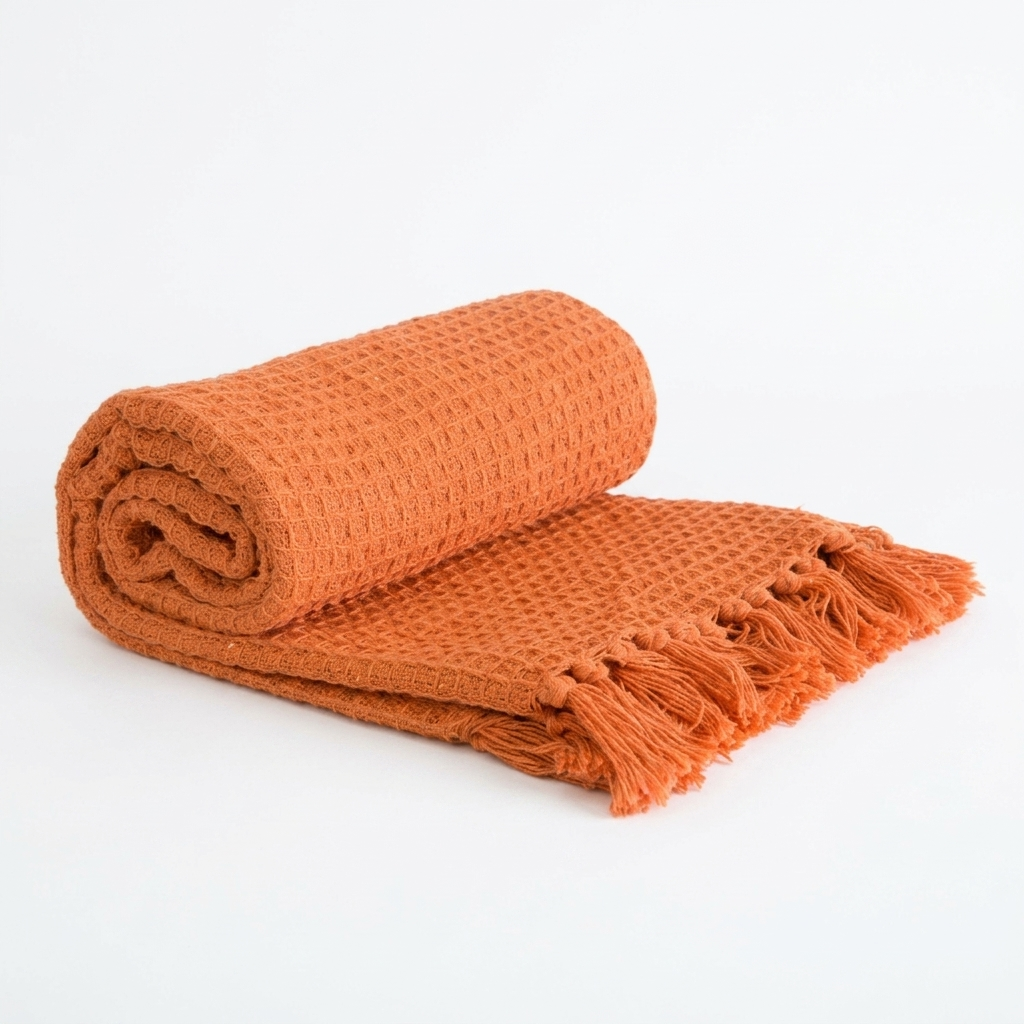 Burnt orange honeycomb throw rolled up with fringe on white studio background, Kumperi