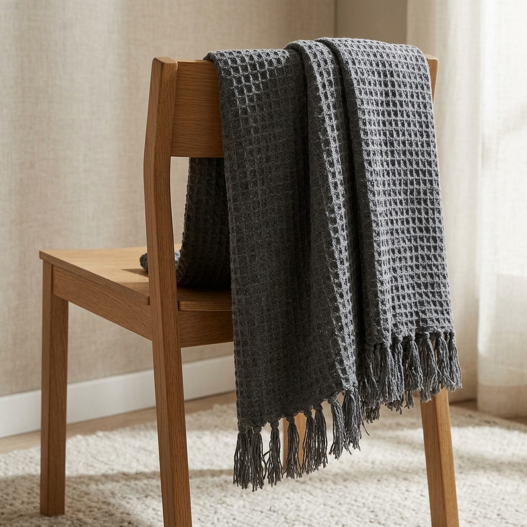 Charcoal honeycomb throw draped over wooden chair with fringe detail, Kumperi