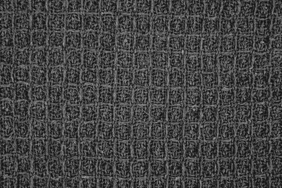Close-up macro shot of charcoal honeycomb weave fabric texture, Kumperi