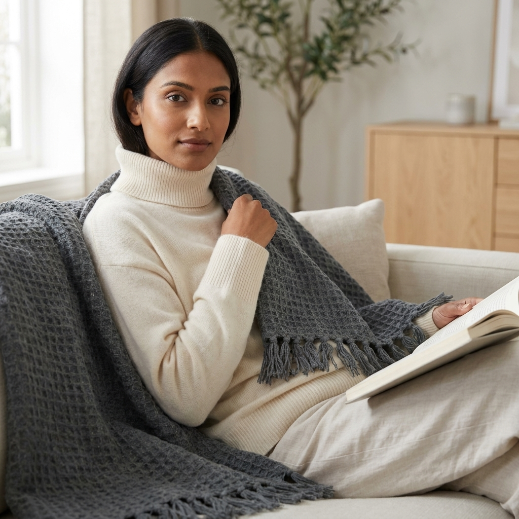 Woman wrapped in charcoal honeycomb throw while reading on sofa, Kumperi