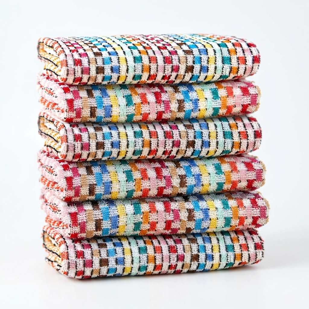 Stack of 6 multicolour woven check tea towels on white background, Jazz design, Kumperi