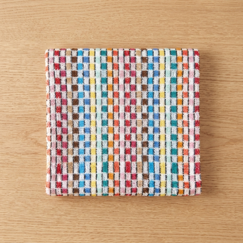 Top view of folded multicolour woven check tea towel on wooden surface, Jazz design, Kumperi