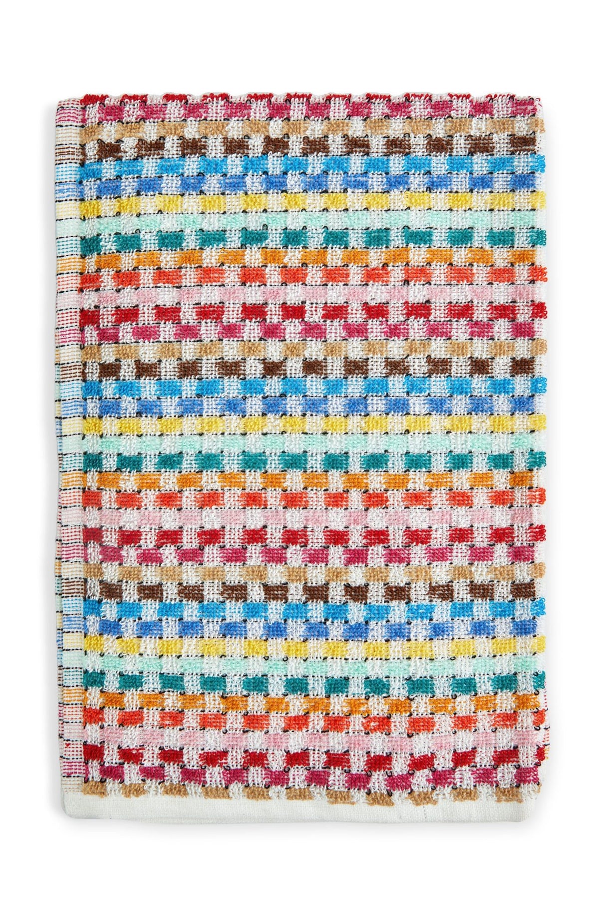 Folded multicoloured woven check tea towel on white background, Jazz design
