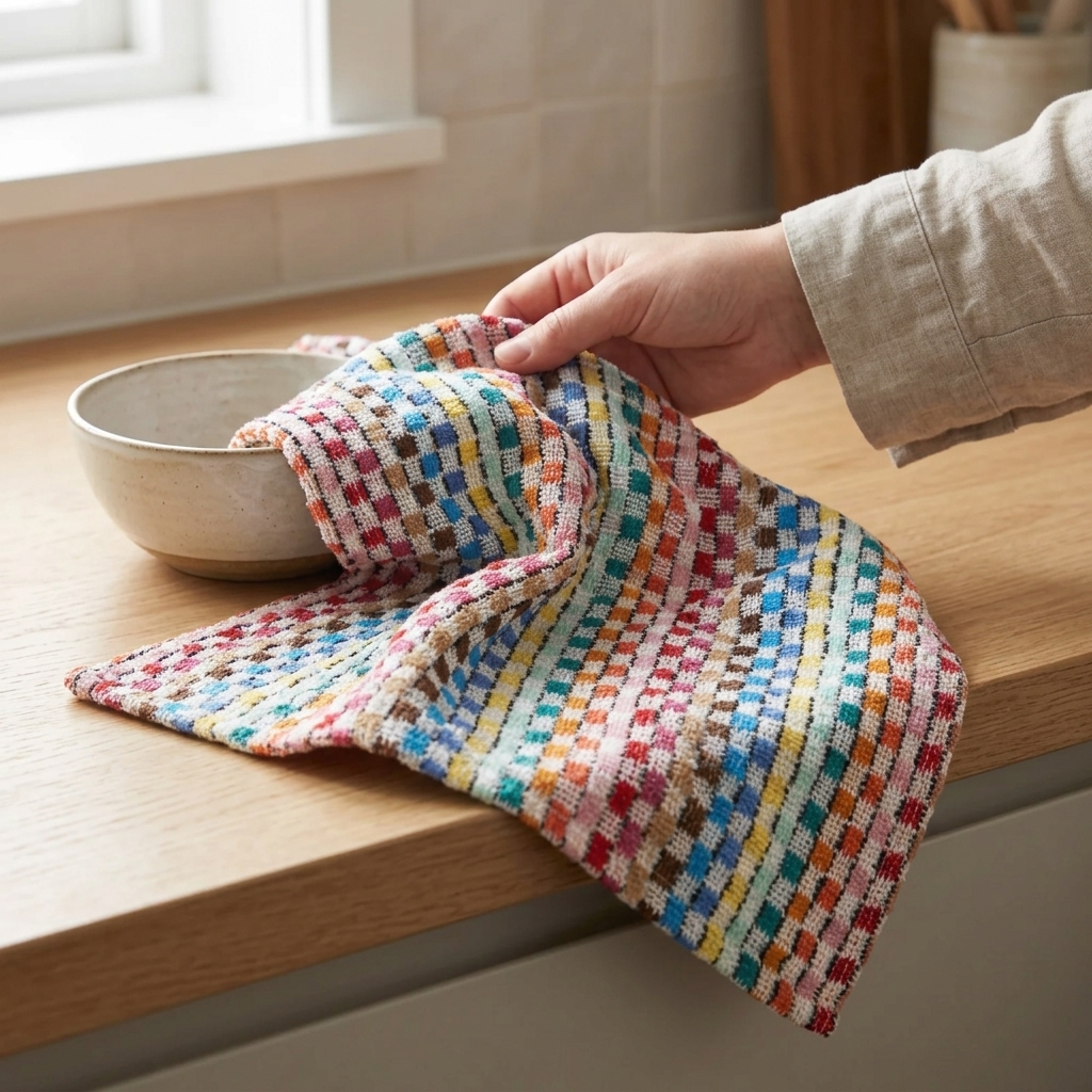 Hand using multicolour woven check tea towel to dry ceramic bowl by window, Jazz design, Kumperi