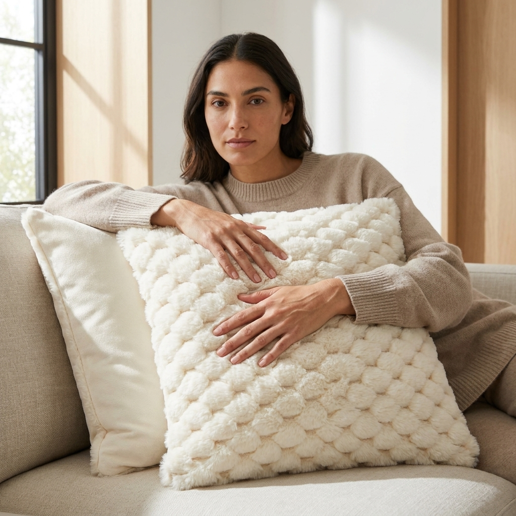 Woman on sofa holding cream faux fur bubble quilted cushion cover, Kumperi