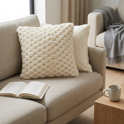 Cream Luxury Faux Fur Bubble Cushion Cover