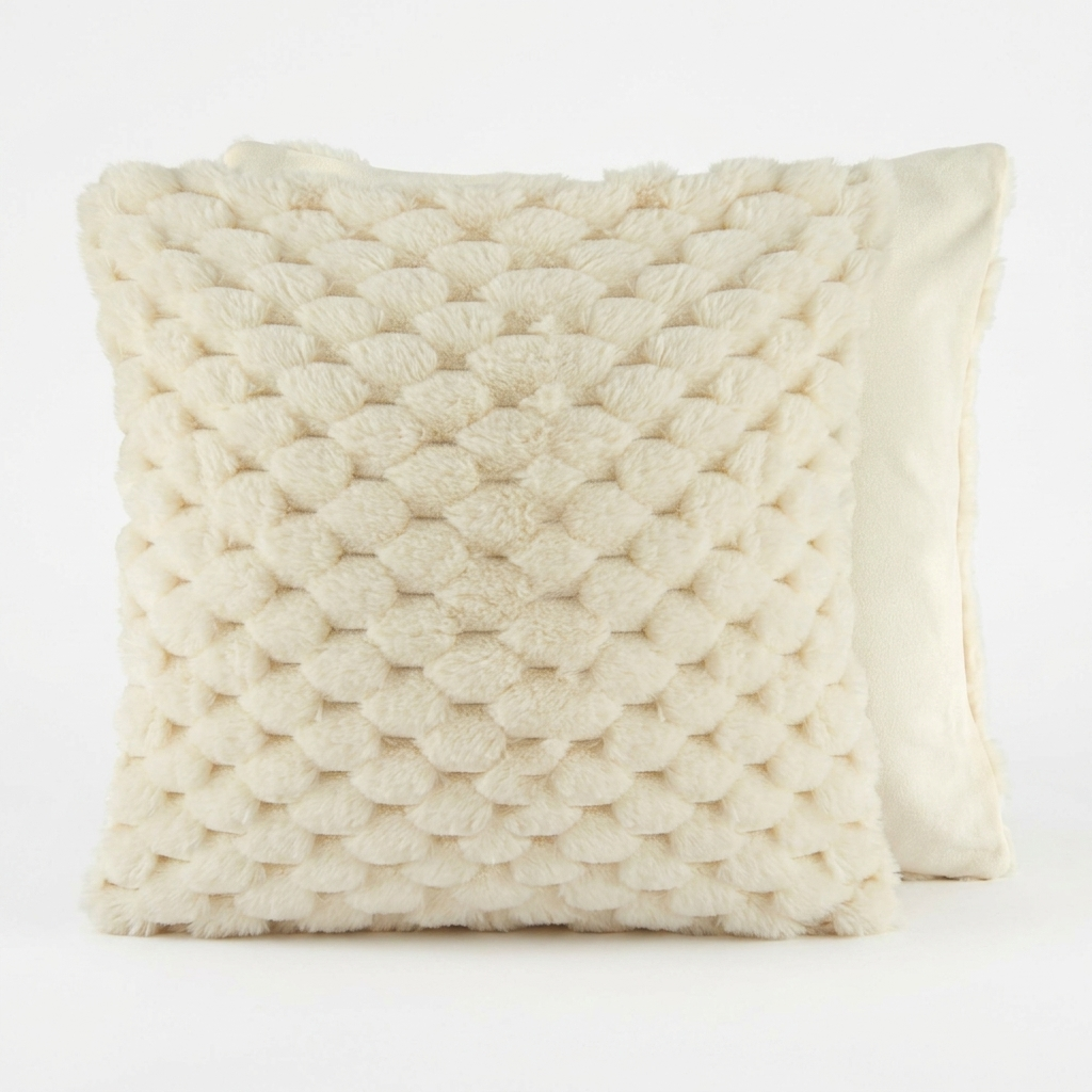 Cream faux fur bubble quilted cushion cover on white background, front and back view, Kumperi