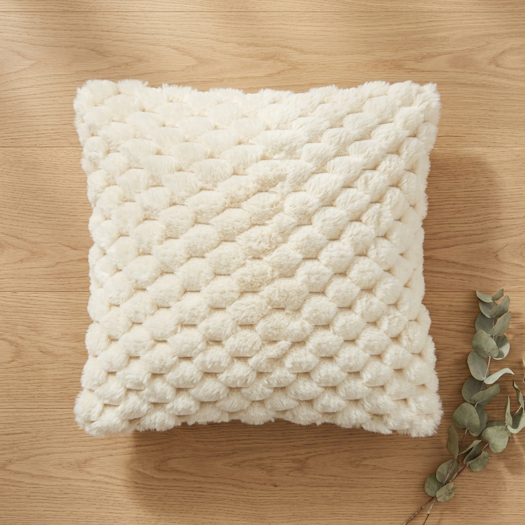 Cream faux fur bubble quilted cushion cover on wooden floor beside eucalyptus sprig, Kumperi