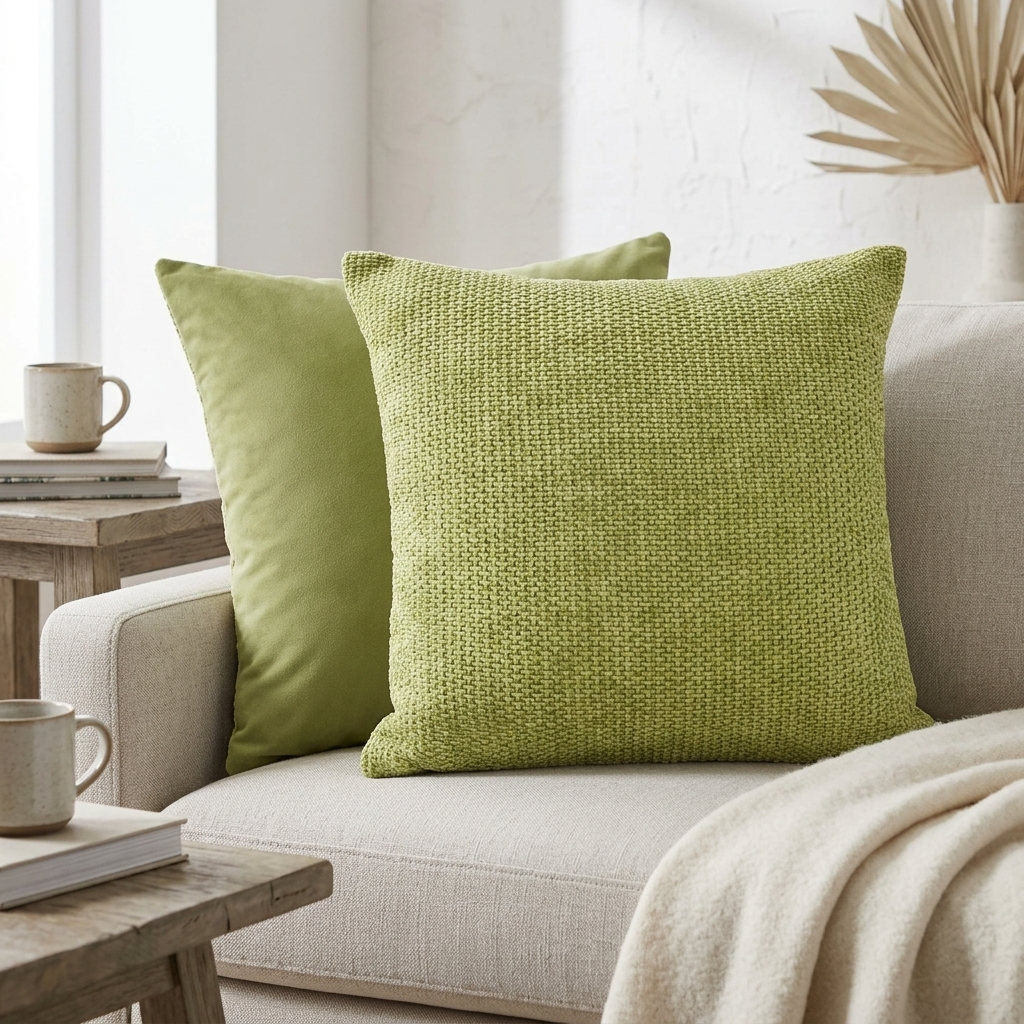 Sage green boucle woven cushion cover on beige sofa beside coffee cups, books and throw, Kumperi