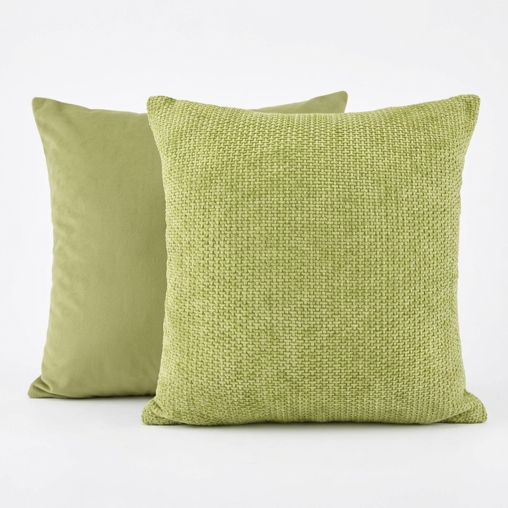 Sage green boucle woven cushion cover on white background, front and back view, Kumperi